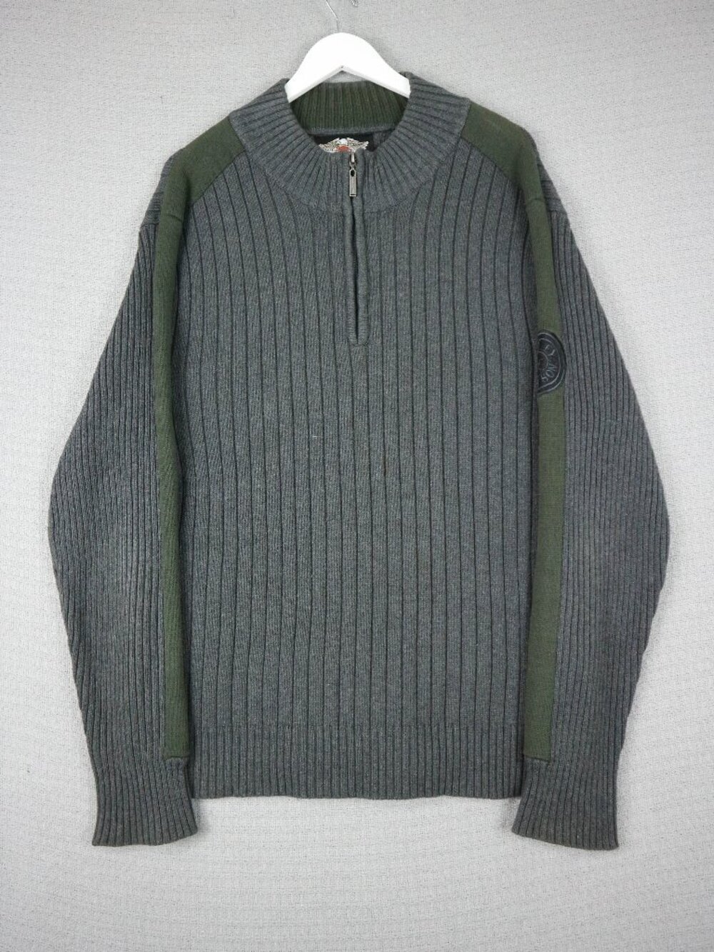 Men's Harley Davidson Dark Gray Striped Ribbed Knit Mock Neck Combat Sweater XL